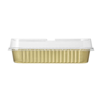 7 oz Rectangle Gold Aluminum Baking Loaf Pan - with Plastic Dome Lid - 6 1/2" x 2 1/2" x 1 1/4" - 100 count box