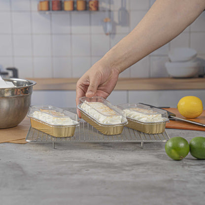7 oz Rectangle Gold Aluminum Baking Loaf Pan - with Plastic Dome Lid - 6 1/2" x 2 1/2" x 1 1/4" - 100 count box