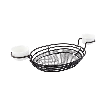 Met Lux Oval Black Iron Entree Basket - Double Dipping Sauce Holder - 13" x 6" x 2 1/4" - 1 count box