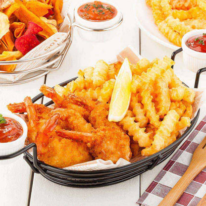 Met Lux Oval Black Iron Entree Basket - Double Dipping Sauce Holder - 13" x 6" x 2 1/4" - 1 count box