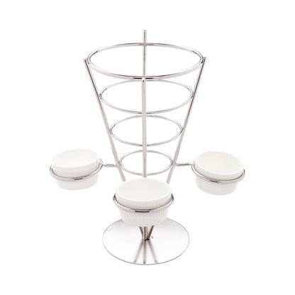 Cone Tek Silver Stainless Steel Medium Fry and Snack Cone Stand - 3 Sauce Holders - 4 1/4" x 4 1/4" x 8" - 1 count box