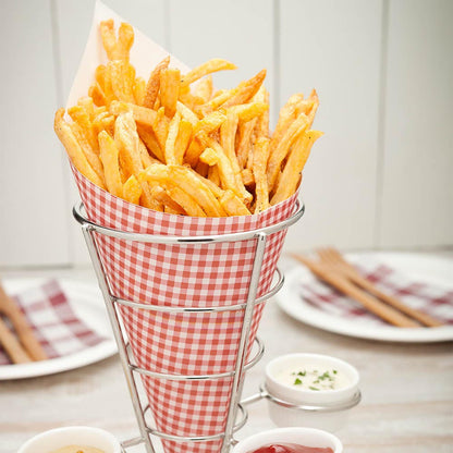 Cone Tek Silver Stainless Steel Medium Fry and Snack Cone Stand - 3 Sauce Holders - 4 1/4" x 4 1/4" x 8" - 1 count box