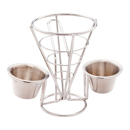 Cone Tek Silver Stainless Steel Singolo Cone Stand - 2 Sauce Holders - 4" x 4" x 5 1/2" - 1 count box