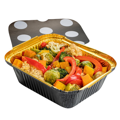 Foil Lux 12 oz Rectangle Black and Gold Aluminum Take Out Container - with Polka Dot Paper Lid - 5 3/4" x 4 3/4" x 1 3/4" - 200 count box