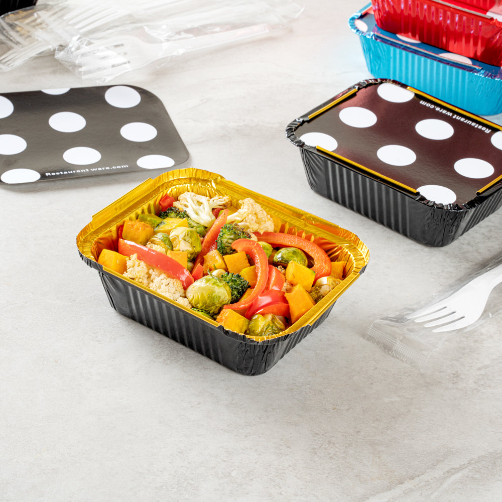 Foil Lux 12 oz Rectangle Black and Gold Aluminum Take Out Container - with Polka Dot Paper Lid - 5 3/4" x 4 3/4" x 1 3/4" - 200 count box