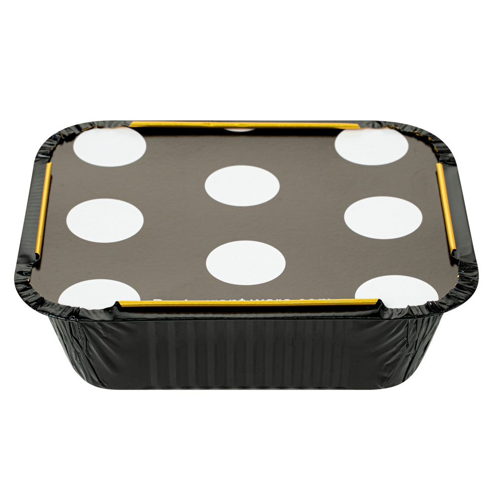 Foil Lux 12 oz Rectangle Black and Gold Aluminum Take Out Container - Polka Dot Paper Lid - 5 3/4" x 4 3/4" x 1 3/4" - 50 count box