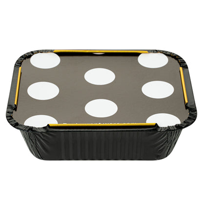 Foil Lux 12 oz Rectangle Black and Gold Aluminum Take Out Container - Polka Dot Paper Lid - 5 3/4" x 4 3/4" x 1 3/4" - 50 count box