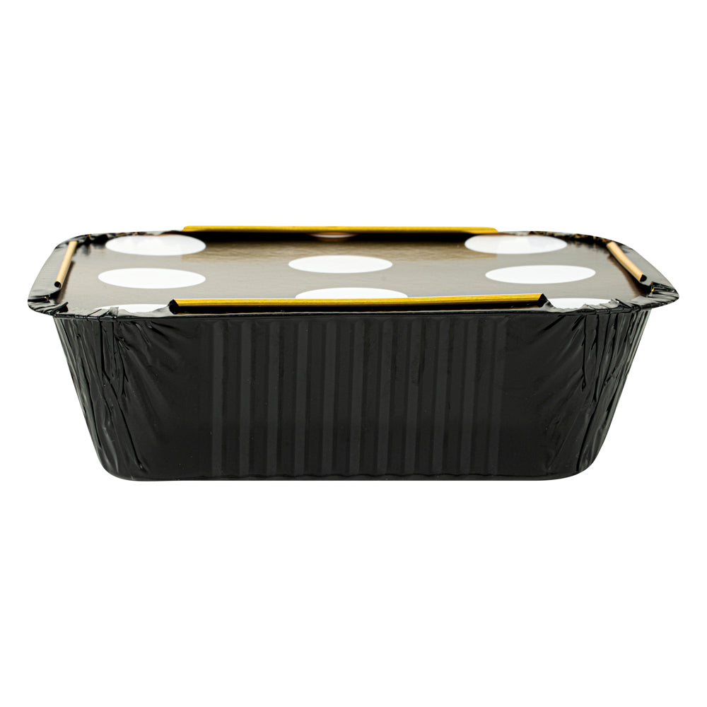 Foil Lux 12 oz Rectangle Black and Gold Aluminum Take Out Container - Polka Dot Paper Lid - 5 3/4" x 4 3/4" x 1 3/4" - 50 count box