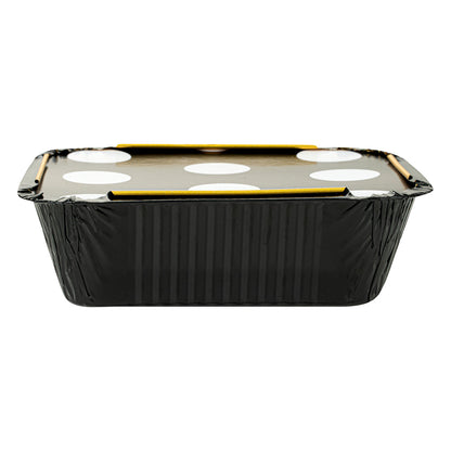 Foil Lux 12 oz Rectangle Black and Gold Aluminum Take Out Container - Polka Dot Paper Lid - 5 3/4" x 4 3/4" x 1 3/4" - 50 count box