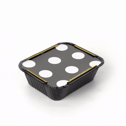 Foil Lux 12 oz Rectangle Black and Gold Aluminum Take Out Container - with Polka Dot Paper Lid - 5 3/4" x 4 3/4" x 1 3/4" - 200 count box