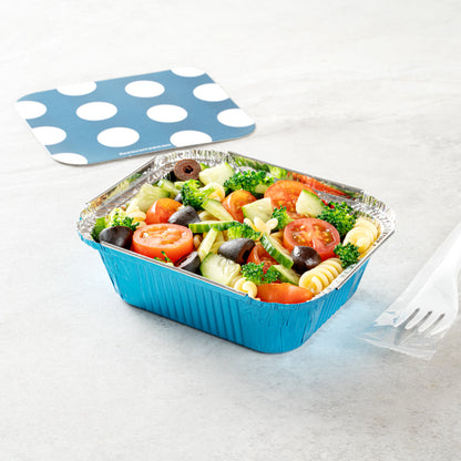 Foil Lux 12 oz Rectangle Blue Aluminum Take Out Container - with Polka Dot Paper Lid - 5 3/4" x 4 3/4" x 1 3/4" - 200 count box