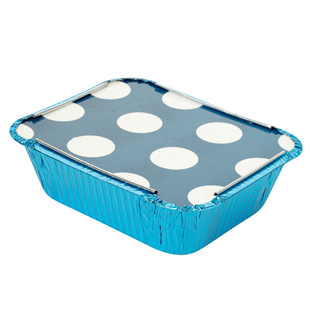 Foil Lux 12 oz Rectangle Blue Aluminum Take Out Container - Polka Dot Paper Lid - 5 3/4" x 4 3/4" x 1 3/4" - 50 count box