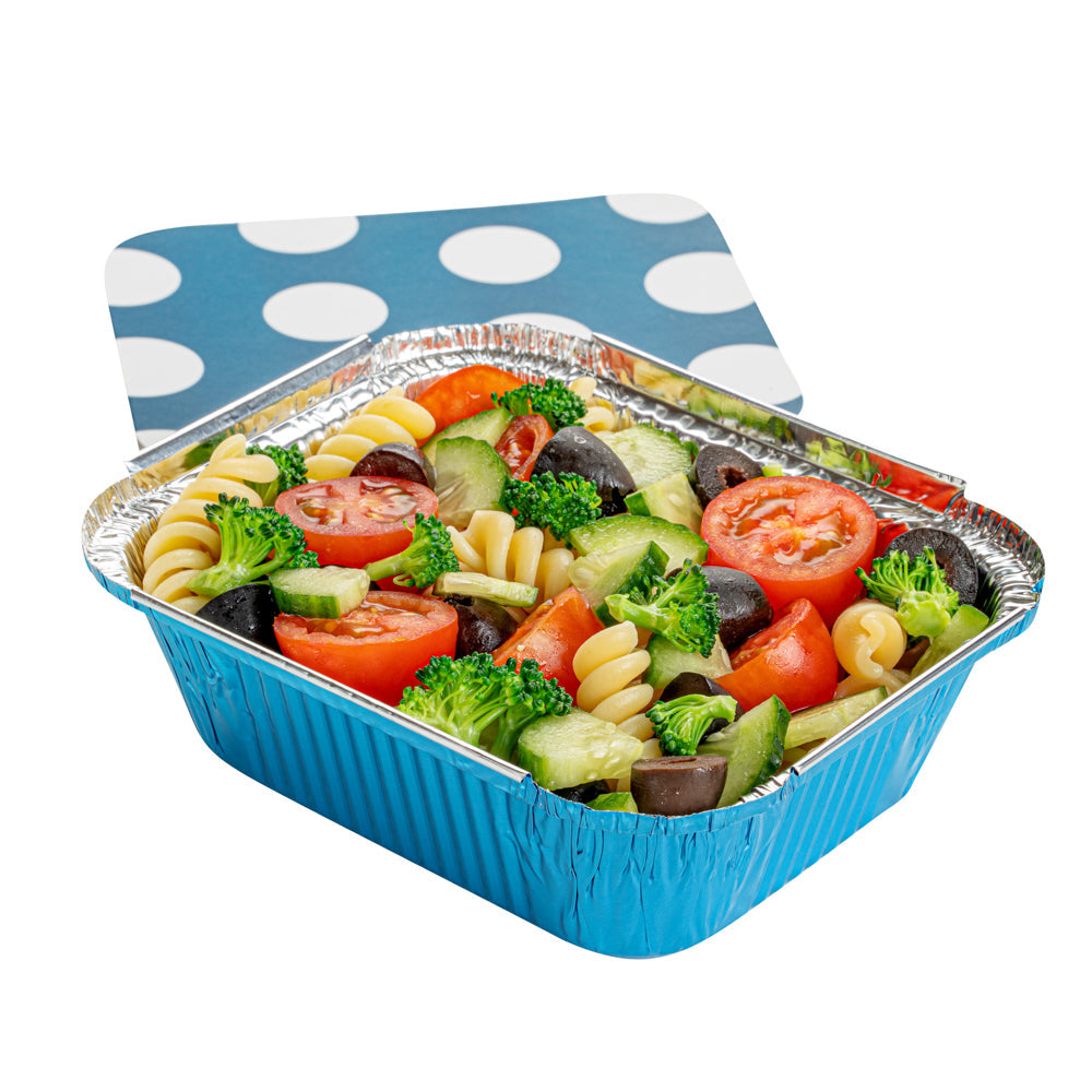 Foil Lux 12 oz Rectangle Blue Aluminum Take Out Container - Polka Dot Paper Lid - 5 3/4" x 4 3/4" x 1 3/4" - 50 count box