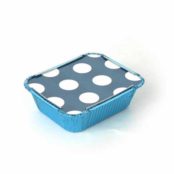 Foil Lux 12 oz Rectangle Blue Aluminum Take Out Container - Polka Dot Paper Lid - 5 3/4" x 4 3/4" x 1 3/4" - 50 count box