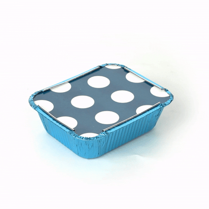 Foil Lux 12 oz Rectangle Blue Aluminum Take Out Container - Polka Dot Paper Lid - 5 3/4" x 4 3/4" x 1 3/4" - 50 count box