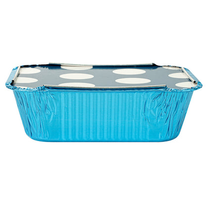 Foil Lux 12 oz Rectangle Blue Aluminum Take Out Container - Polka Dot Paper Lid - 5 3/4" x 4 3/4" x 1 3/4" - 50 count box