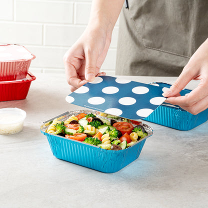 Foil Lux 12 oz Rectangle Blue Aluminum Take Out Container - Polka Dot Paper Lid - 5 3/4" x 4 3/4" x 1 3/4" - 50 count box