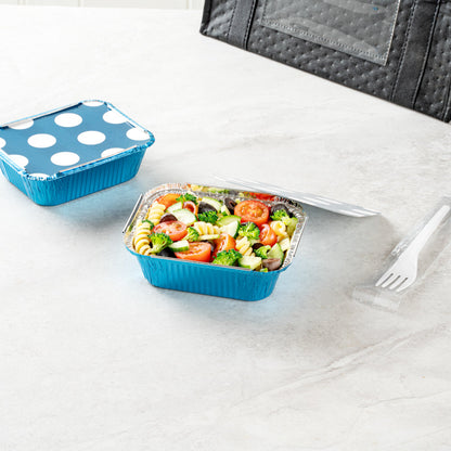 Foil Lux 12 oz Rectangle Blue Aluminum Take Out Container - with Polka Dot Paper Lid - 5 3/4" x 4 3/4" x 1 3/4" - 200 count box