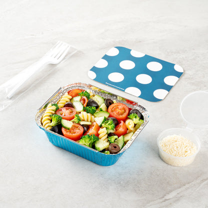 Foil Lux 12 oz Rectangle Blue Aluminum Take Out Container - with Polka Dot Paper Lid - 5 3/4" x 4 3/4" x 1 3/4" - 200 count box