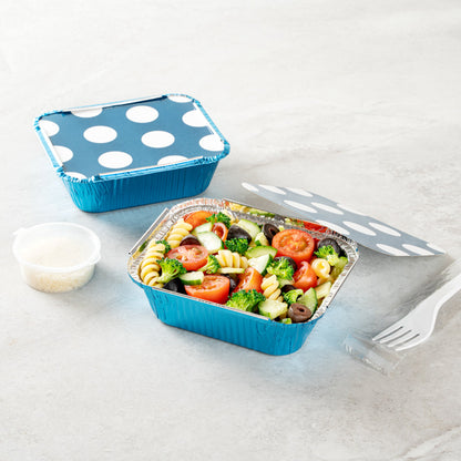 Foil Lux 12 oz Rectangle Blue Aluminum Take Out Container - with Polka Dot Paper Lid - 5 3/4" x 4 3/4" x 1 3/4" - 200 count box