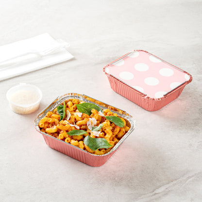 Foil Lux 12 oz Rectangle Pink Aluminum Take Out Container - with Polka Dot Paper Lid - 5 3/4" x 4 3/4" x 1 3/4" - 200 count box
