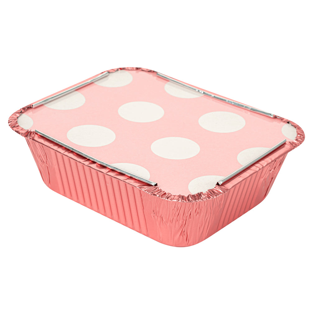 Foil Lux 12 oz Rectangle Pink Aluminum Take Out Container - Polka Dot Paper Lid - 5 3/4" x 4 3/4" x 1 3/4" - 50 count box