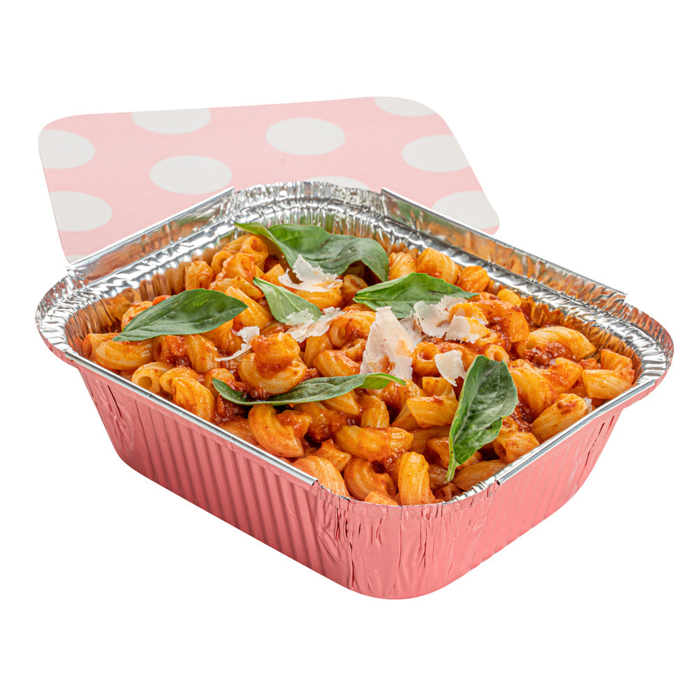 Foil Lux 12 oz Rectangle Pink Aluminum Take Out Container - Polka Dot Paper Lid - 5 3/4" x 4 3/4" x 1 3/4" - 50 count box