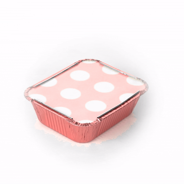 Foil Lux 12 oz Rectangle Pink Aluminum Take Out Container - Polka Dot Paper Lid - 5 3/4" x 4 3/4" x 1 3/4" - 50 count box