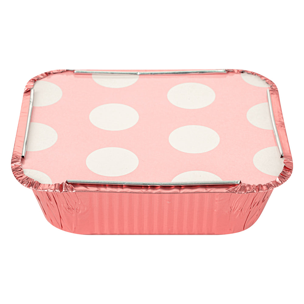Foil Lux 12 oz Rectangle Pink Aluminum Take Out Container - Polka Dot Paper Lid - 5 3/4" x 4 3/4" x 1 3/4" - 50 count box
