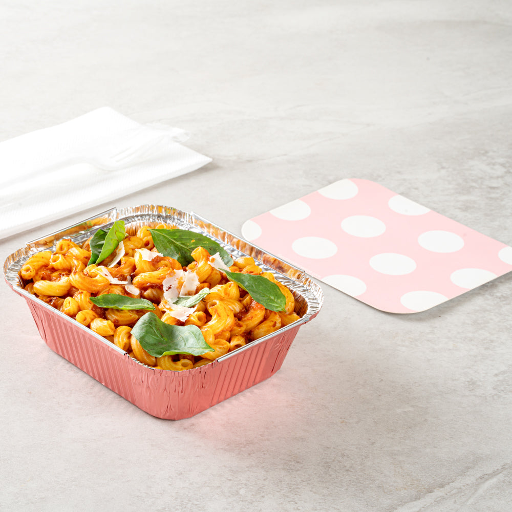 Foil Lux 12 oz Rectangle Pink Aluminum Take Out Container - Polka Dot Paper Lid - 5 3/4" x 4 3/4" x 1 3/4" - 50 count box