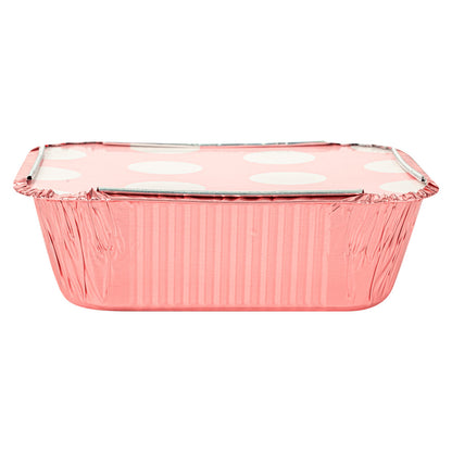 Foil Lux 12 oz Rectangle Pink Aluminum Take Out Container - with Polka Dot Paper Lid - 5 3/4" x 4 3/4" x 1 3/4" - 200 count box