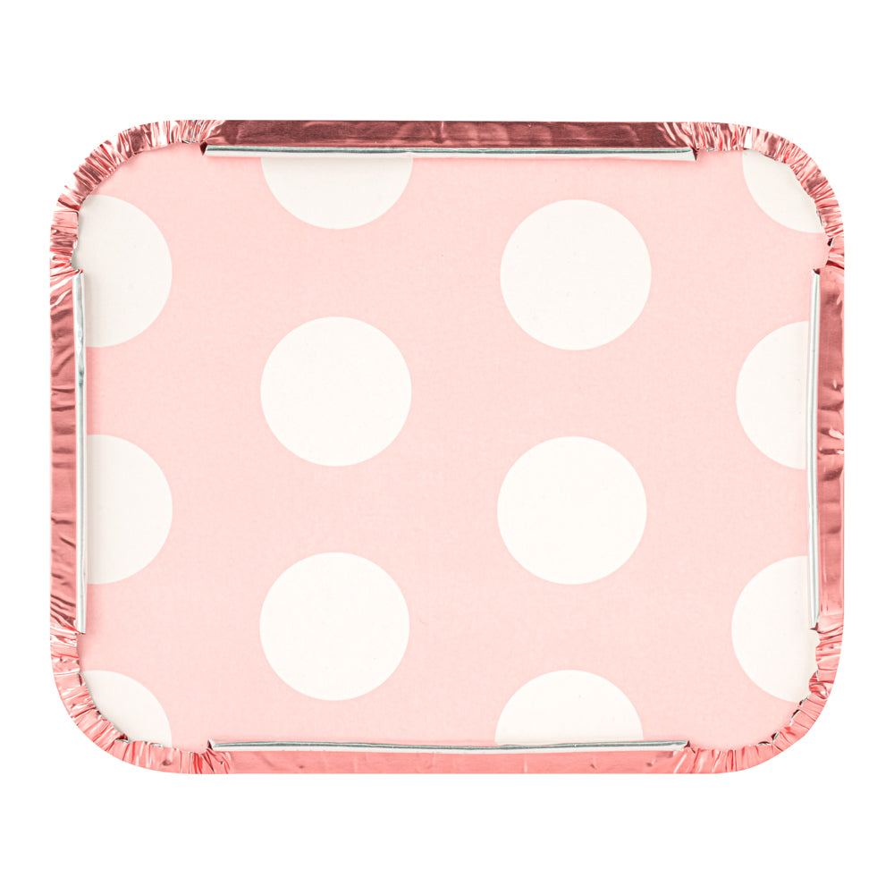 Foil Lux 12 oz Rectangle Pink Aluminum Take Out Container - with Polka Dot Paper Lid - 5 3/4" x 4 3/4" x 1 3/4" - 200 count box