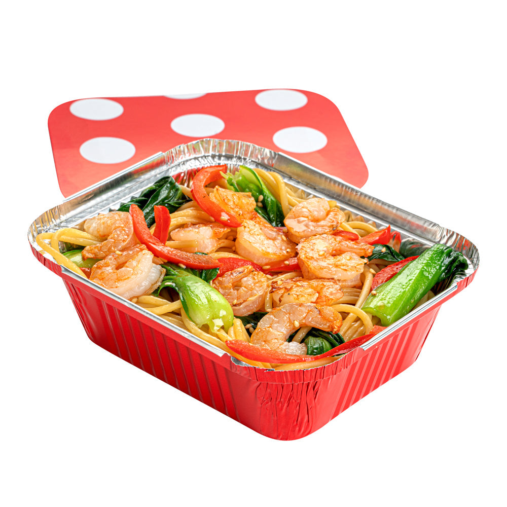 Foil Lux 12 oz Rectangle Red Aluminum Take Out Container - with Polka Dot Paper Lid - 5 3/4" x 4 3/4" x 1 3/4" - 200 count box