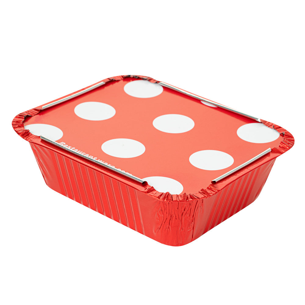 Foil Lux 12 oz Rectangle Red Aluminum Take Out Container - Polka Dot Paper Lid - 5 3/4" x 4 3/4" x 1 3/4" - 50 count box