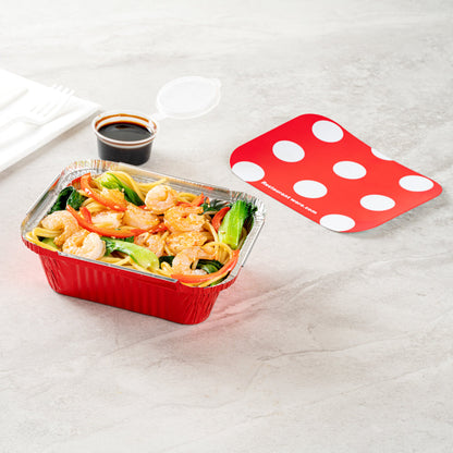 Foil Lux 12 oz Rectangle Red Aluminum Take Out Container - Polka Dot Paper Lid - 5 3/4" x 4 3/4" x 1 3/4" - 50 count box