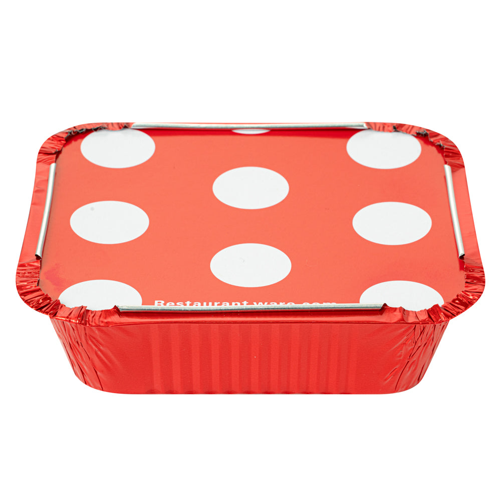 Foil Lux 12 oz Rectangle Red Aluminum Take Out Container - Polka Dot Paper Lid - 5 3/4" x 4 3/4" x 1 3/4" - 50 count box