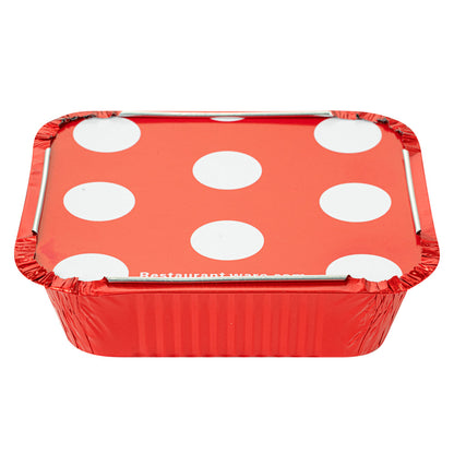 Foil Lux 12 oz Rectangle Red Aluminum Take Out Container - Polka Dot Paper Lid - 5 3/4" x 4 3/4" x 1 3/4" - 50 count box