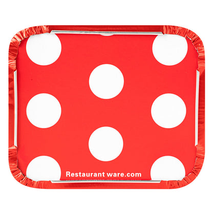 Foil Lux 12 oz Rectangle Red Aluminum Take Out Container - Polka Dot Paper Lid - 5 3/4" x 4 3/4" x 1 3/4" - 50 count box