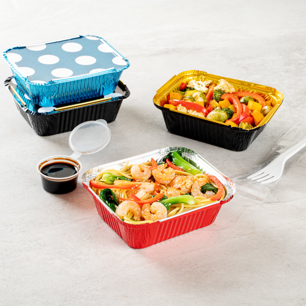 Foil Lux 12 oz Rectangle Red Aluminum Take Out Container - Polka Dot Paper Lid - 5 3/4" x 4 3/4" x 1 3/4" - 50 count box