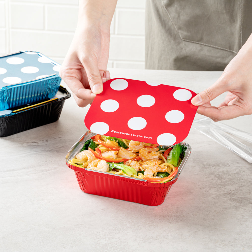 Foil Lux 12 oz Rectangle Red Aluminum Take Out Container - Polka Dot Paper Lid - 5 3/4" x 4 3/4" x 1 3/4" - 50 count box