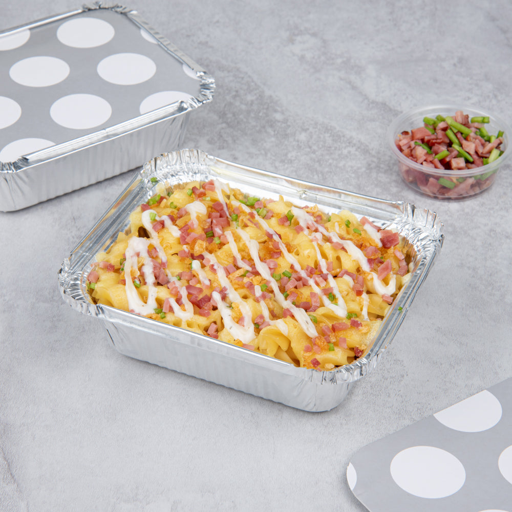 Foil Lux 12 oz Rectangle Silver Aluminum Take Out Container - with Polka Dot Paper Lid - 5 3/4" x 4 3/4" x 1 3/4" - 200 count box