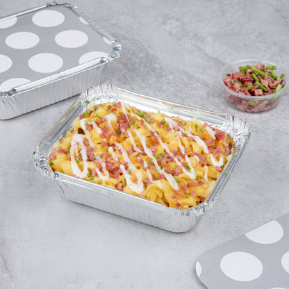 Foil Lux 12 oz Rectangle Silver Aluminum Take Out Container - with Polka Dot Paper Lid - 5 3/4" x 4 3/4" x 1 3/4" - 200 count box