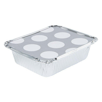 Foil Lux 12 oz Rectangle Silver Aluminum Take Out Container - Polka Dot Paper Lid - 5 3/4" x 4 3/4" x 1 3/4" - 50 count box