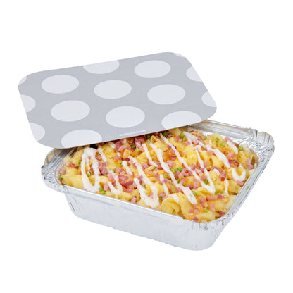 Foil Lux 12 oz Rectangle Silver Aluminum Take Out Container - Polka Dot Paper Lid - 5 3/4" x 4 3/4" x 1 3/4" - 50 count box