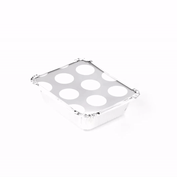 Foil Lux 12 oz Rectangle Silver Aluminum Take Out Container - Polka Dot Paper Lid - 5 3/4" x 4 3/4" x 1 3/4" - 50 count box