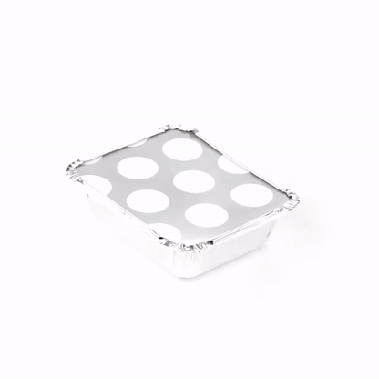 Foil Lux 12 oz Rectangle Silver Aluminum Take Out Container - Polka Dot Paper Lid - 5 3/4" x 4 3/4" x 1 3/4" - 50 count box