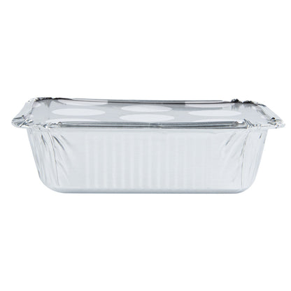 Foil Lux 12 oz Rectangle Silver Aluminum Take Out Container - Polka Dot Paper Lid - 5 3/4" x 4 3/4" x 1 3/4" - 50 count box