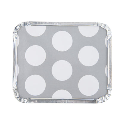 Foil Lux 12 oz Rectangle Silver Aluminum Take Out Container - Polka Dot Paper Lid - 5 3/4" x 4 3/4" x 1 3/4" - 50 count box
