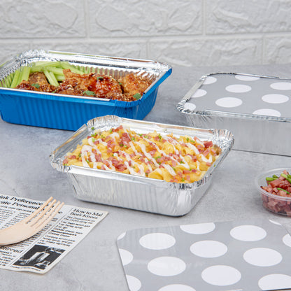 Foil Lux 12 oz Rectangle Silver Aluminum Take Out Container - Polka Dot Paper Lid - 5 3/4" x 4 3/4" x 1 3/4" - 50 count box