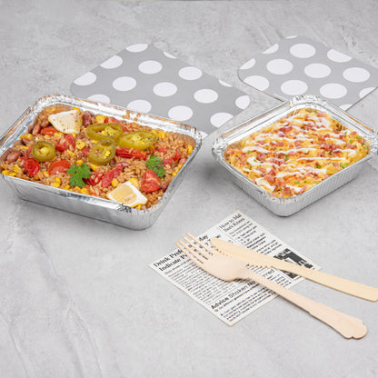 Foil Lux 12 oz Rectangle Silver Aluminum Take Out Container - Polka Dot Paper Lid - 5 3/4" x 4 3/4" x 1 3/4" - 50 count box